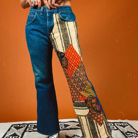 Reworked Vintage 60s 70s Retro Patchwork Statement Flare Dark Wash Jeans - Picture 2 of 8